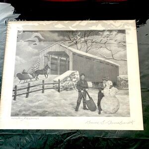 Pencil signed print by Bruce S Garrabrandt  “ Wintry Pleasures” vintage 1990